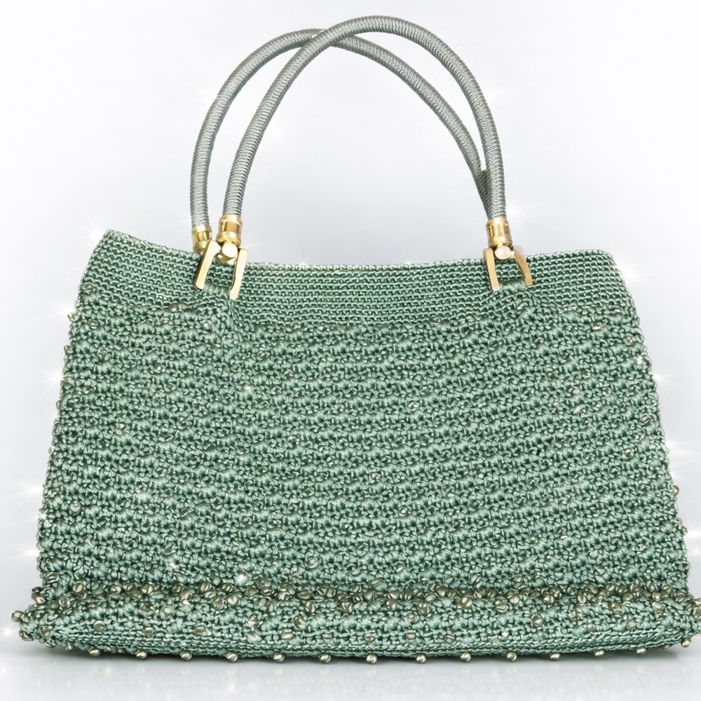 Handmade Crocheted Beaded Handbag Olive Green Boho Y2K Textured Purse